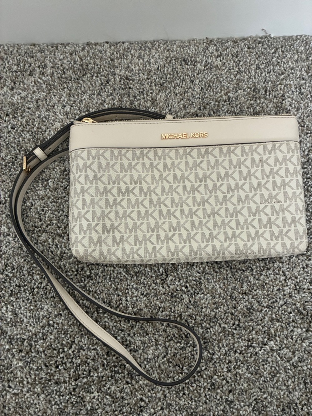 Michael Kors Cream and Tan Signature Crossbody Wristlet